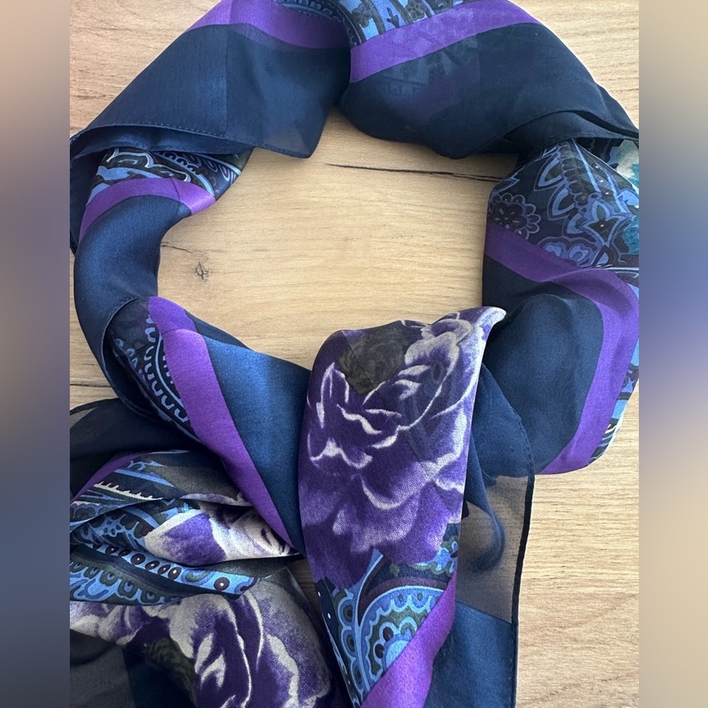 Vintage Laura Ashley Navy Silk Scarf with Teal & Purple Floral Paisley - NWT - Picture 4 of 4